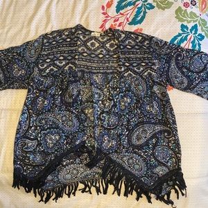 Hollister Bohemian Fringe Kimono/Cardigan Size XS Blue/White